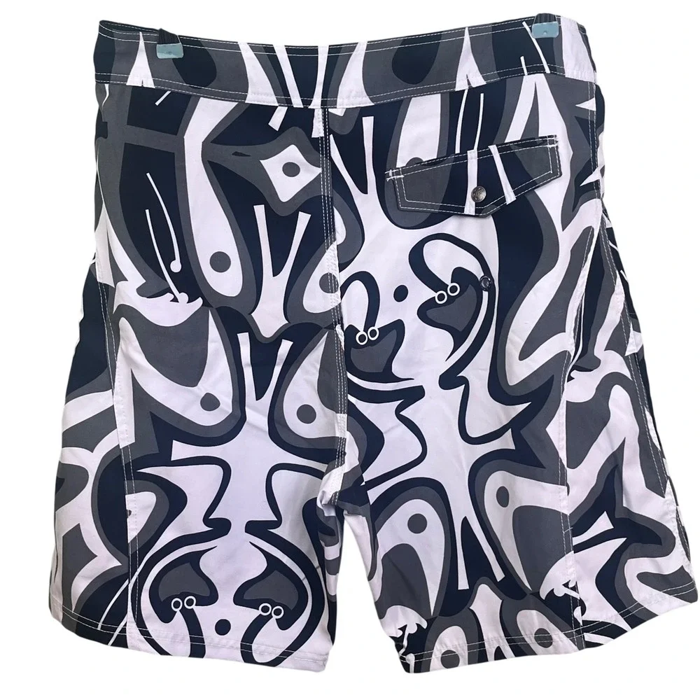 Maui & Sons Black White Abstract Tribal Graphic Board‎ Shorts Beach NWT 34-36
